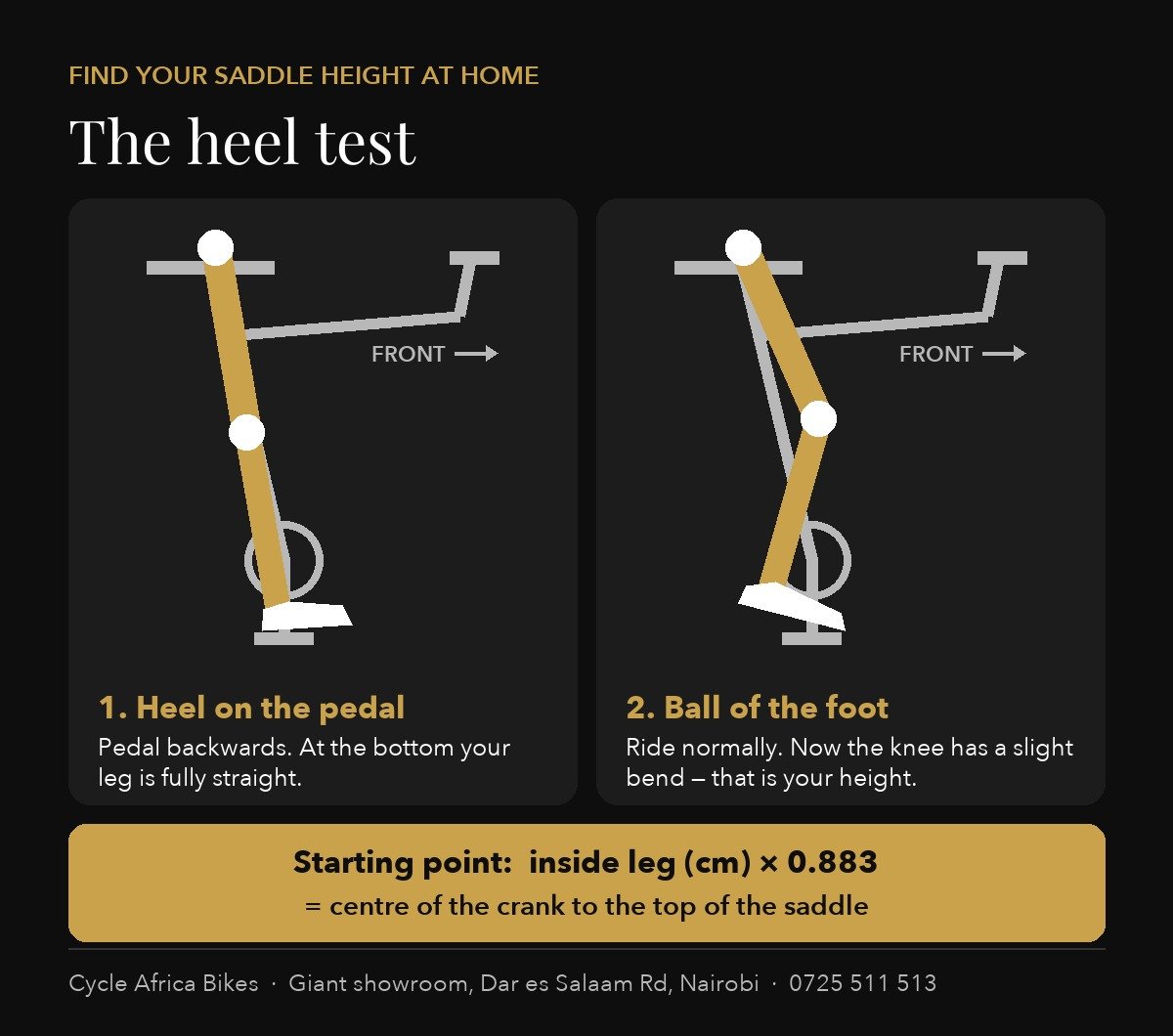 The heel test: heel on the pedal gives a straight leg, ball of the foot gives a slight knee bend